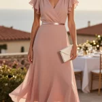 Realistic editorial photo of a wedding guest wearing a flutter-sleeve midi dress that flatters every photo angle at a destination wedding. Scene: golden-hour outdoor terrace overlooking the sea and terracotta rooftops, soft breeze moving the fabric. Subject: mid-30s woman with medium-toned skin and softly curled hair, standing three-quarter angle, smiling slightly, chin turned toward light. Outfit: dusty rose flutter-sleeve midi dress with a V-neckline and a defined waist, lightly cinched with a slim metallic belt; hem hits mid-calf, subtle flow and movement. Footwear: nude pointed-toe pumps. Accessories: small emerald-cut gemstone stud earrings, a pearl-accent delicate hair clip on one side, and an ivory satin envelope clutch held in one hand. Styling: fresh, luminous makeup, natural highlight on cheekbones; neat manicure in soft pink. Lighting: warm, diffused backlight creating a gentle rim light on the flutter sleeves; soft fill to preserve detail and skin tone. Composition: vertical, subject centered with slight off-center lead room, shallow depth of field to blur festive tables and string lights in the background. Textures: airy chiffon sleeves, smooth crepe skirt, subtle sheen on belt and clutch. Color palette: dusty rose, nude, ivory, soft gold. High-resolution fashion photography, lifelike skin texture, no logos, no text.