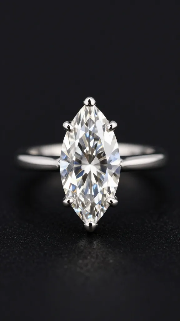 closeup marquise diamond solitaire on platinum knife-edge band