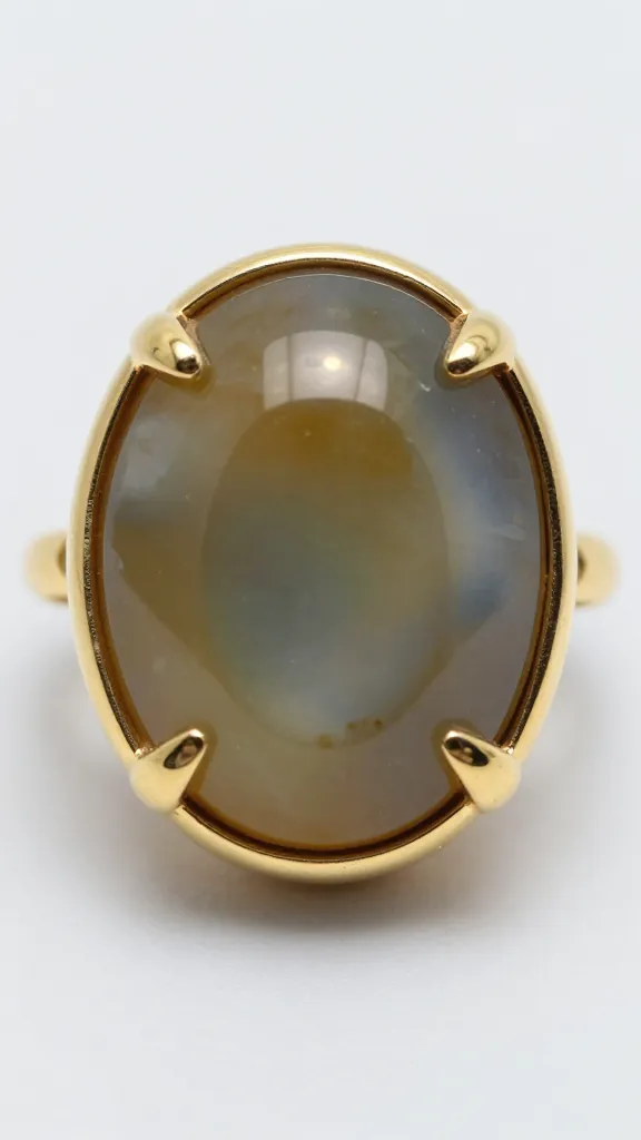 moss agate oval solitaire in yellow gold bezel, macro