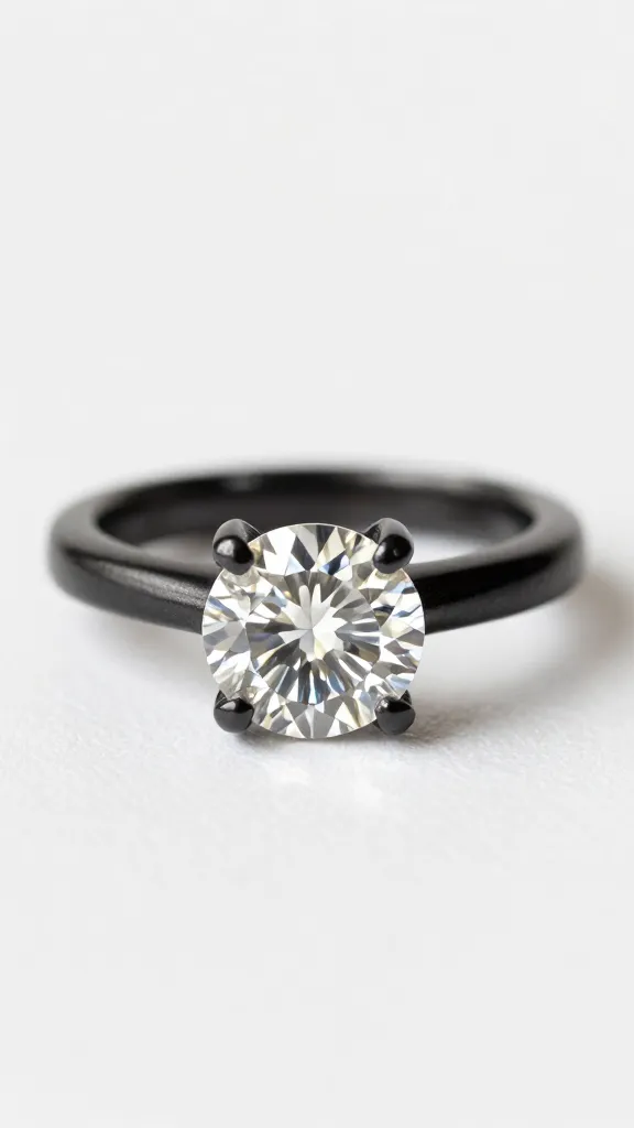 salt-and-pepper rose-cut diamond solitaire, matte black gold band