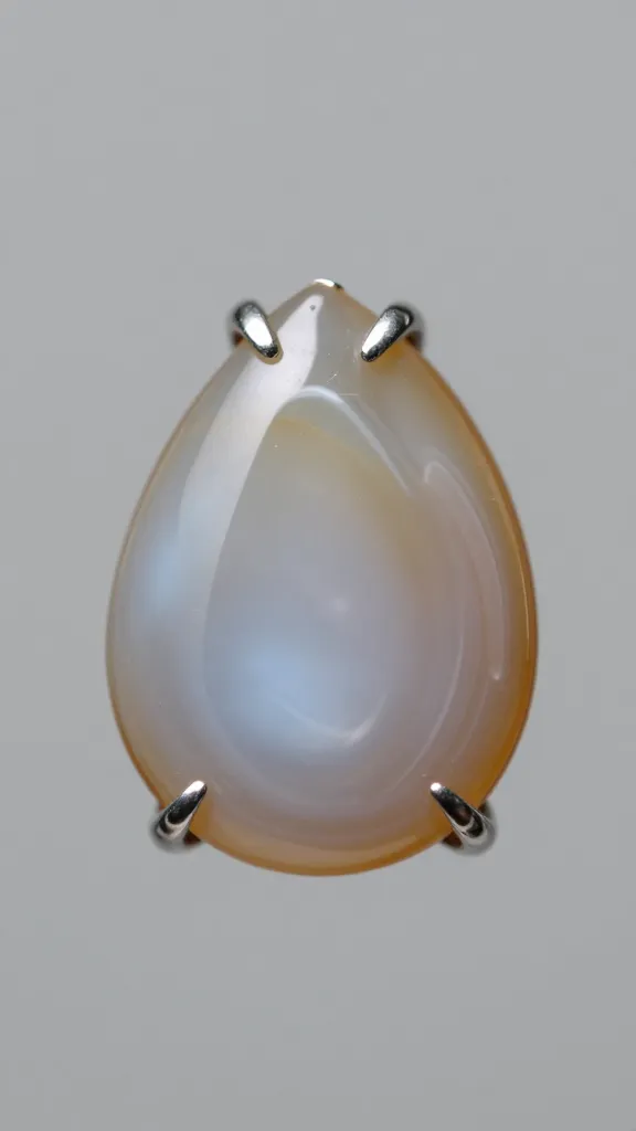 pear-shaped moss agate solitaire, delicate claw prongs, closeup