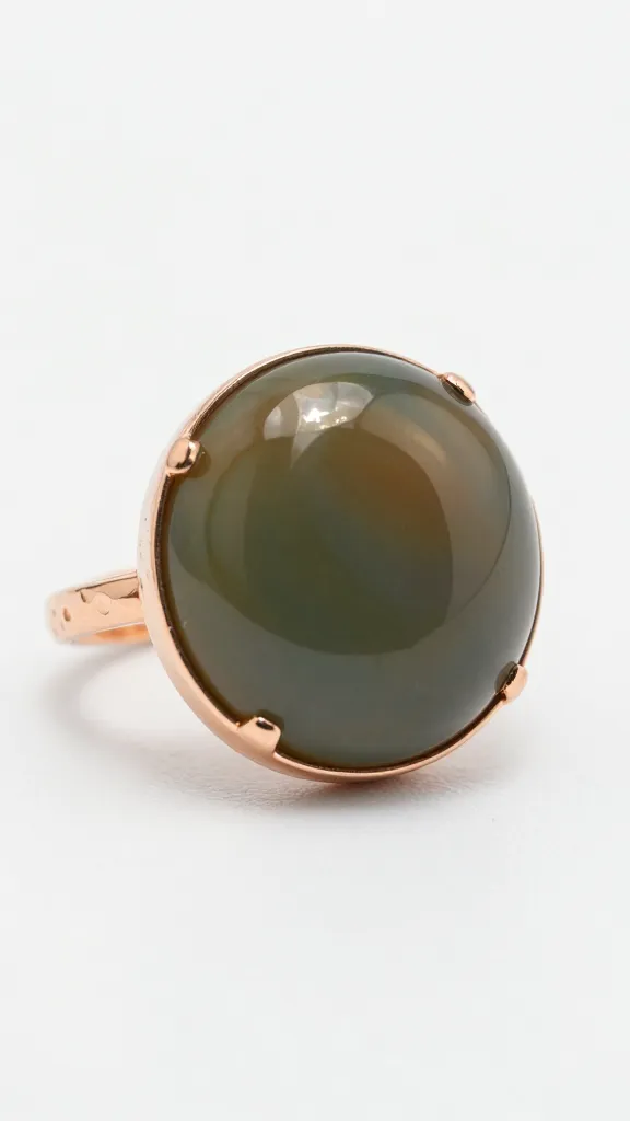 round moss agate cabochon solitaire, hammered rose gold band