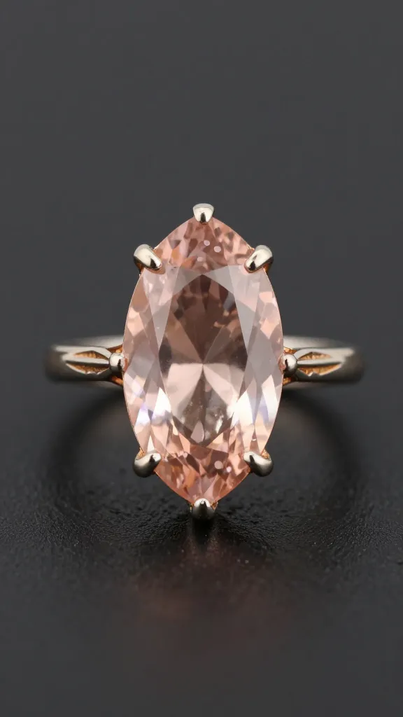 single marquise morganite ring, chevron shoulders, vintage engraving