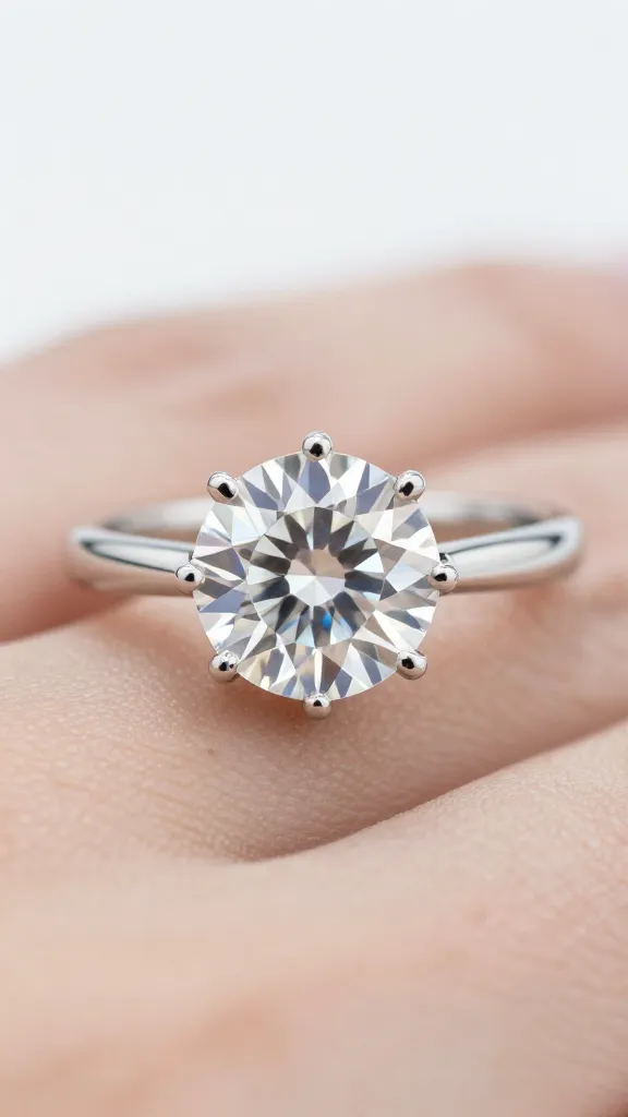 closeup round brilliant engagement ring on platinum solitaire setting