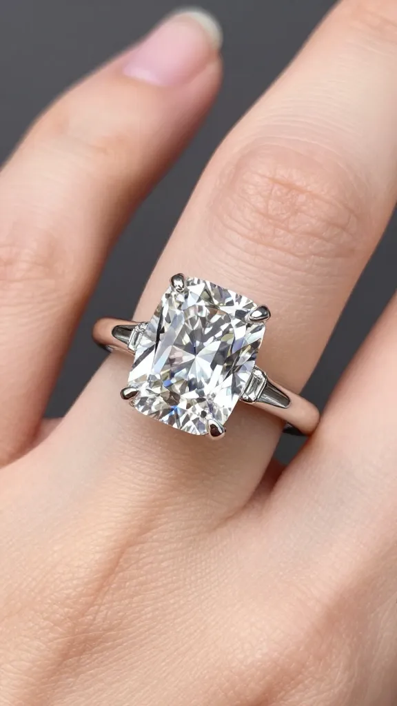 closeup emerald-cut diamond ring with tapered baguette shoulders