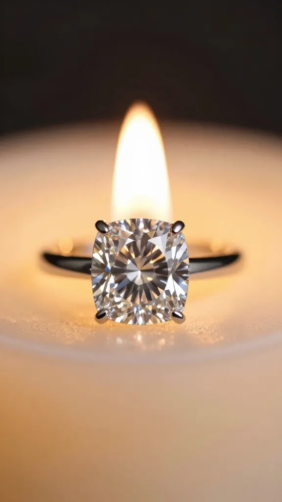 closeup cushion-cut ring under warm candlelight