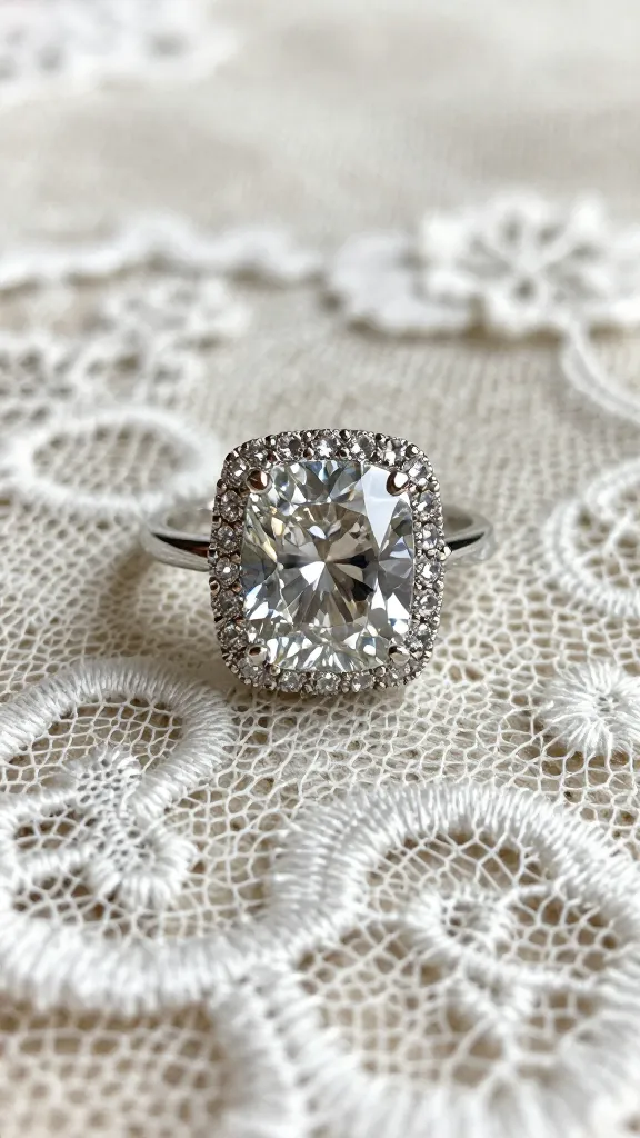 cushion-cut halo ring on vintage lace fabric