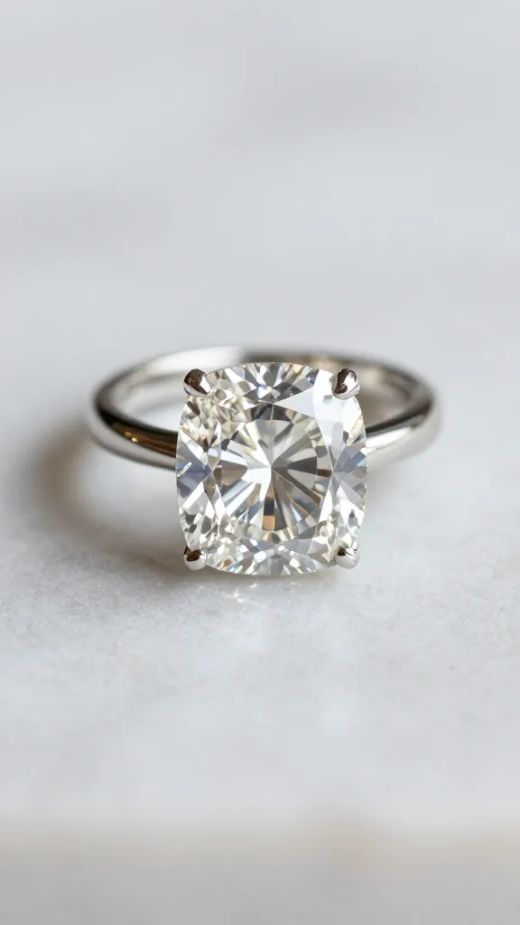 cushion-cut ring on marble with soft film grain