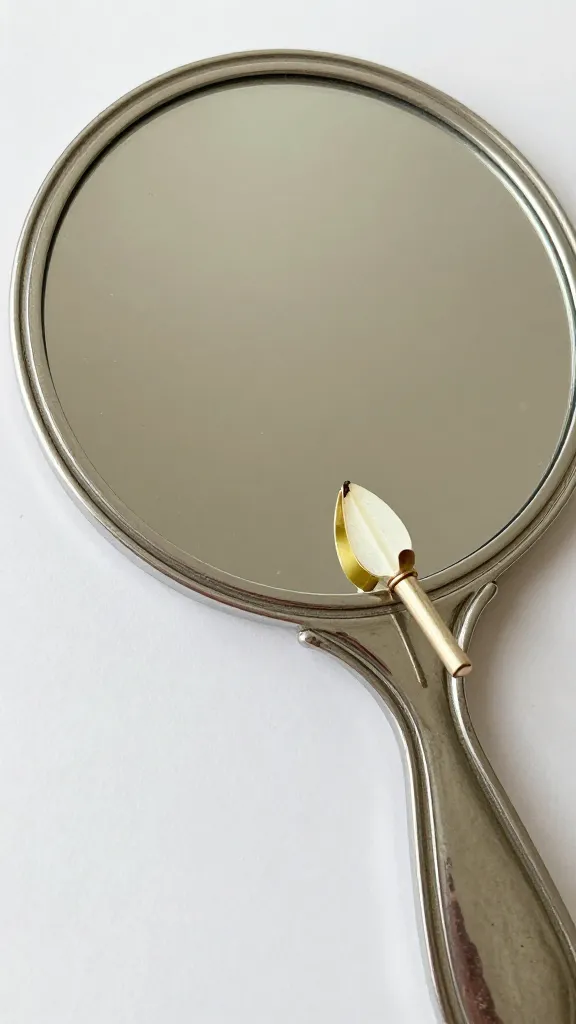 pear-cut ring tip pointing toward 1920s hand mirror