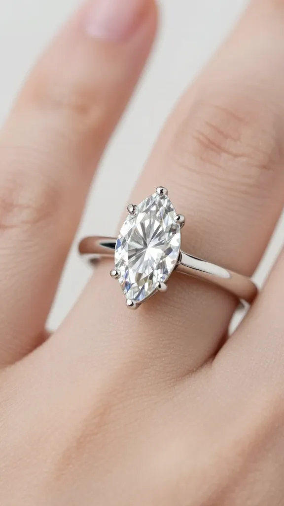 closeup marquise engagement ring, north-south, white gold solitaire