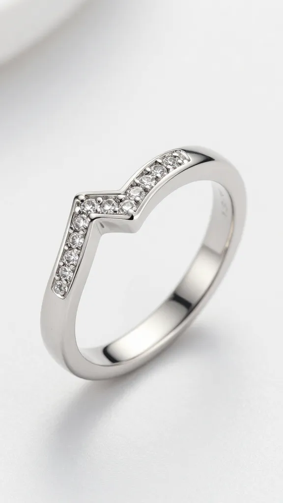 single curved chevron wedding band, pavé diamonds, white gold