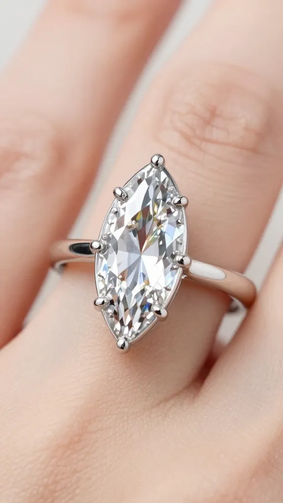 closeup marquise ring with high cathedral prongs, bright lighting