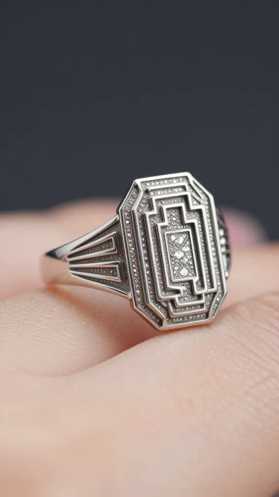 closeup Art Deco platinum ring with geometric halo