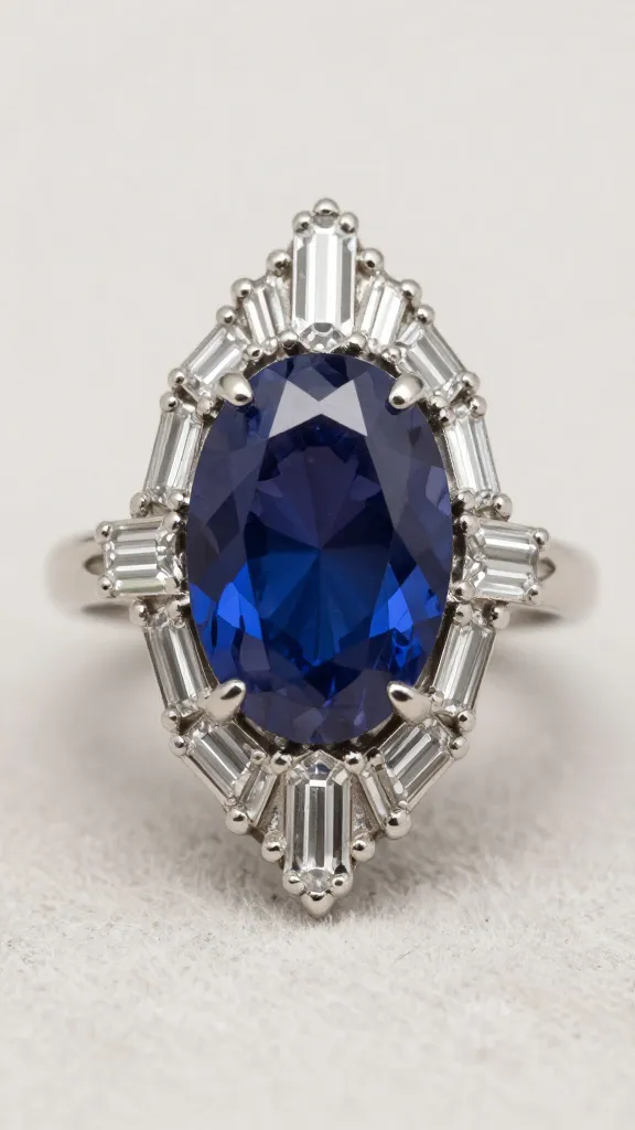 marquise sapphire Art Deco ring, baguette accents, macro