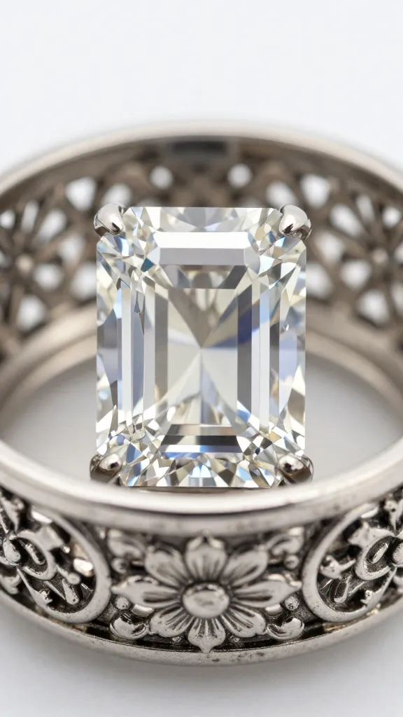 emerald cut diamond in vintage floral filigree basket, closeup