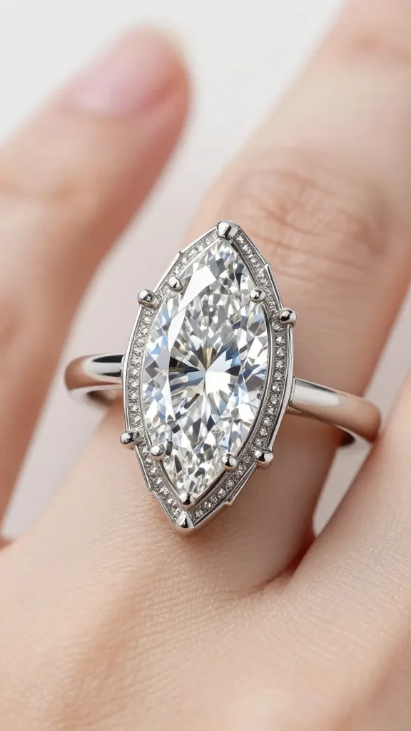 closeup marquise diamond Art Deco ring on platinum band