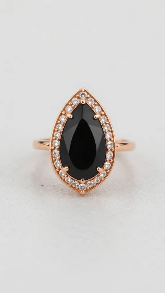 teardrop diamond Art Deco ring with onyx accents