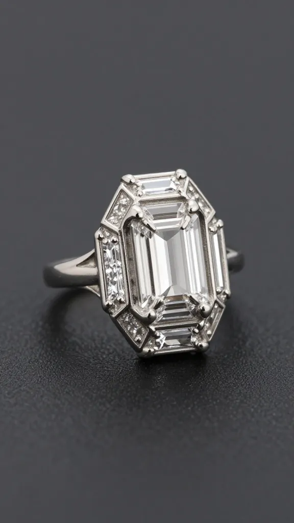 geometric platinum Art Deco ring with baguette diamonds