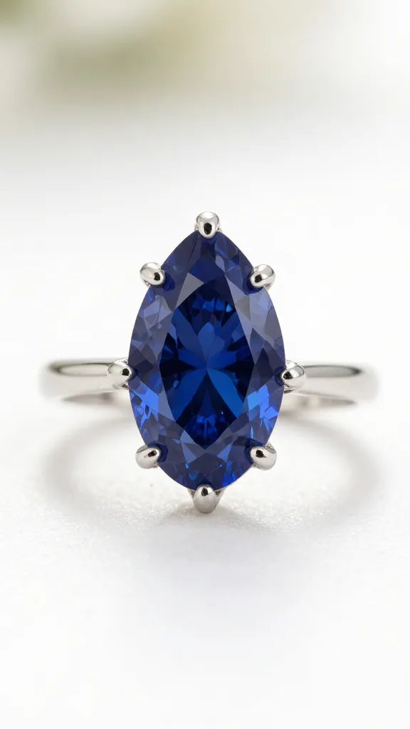 pear-shaped diamond ring with blue sapphire bezel