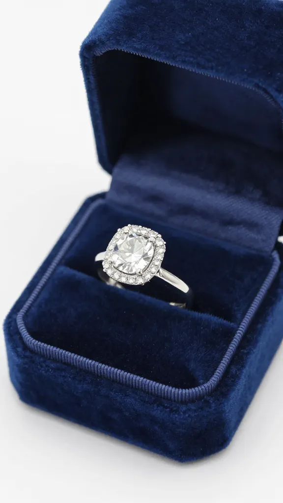 marquise diamond halo ring on velvet ring box