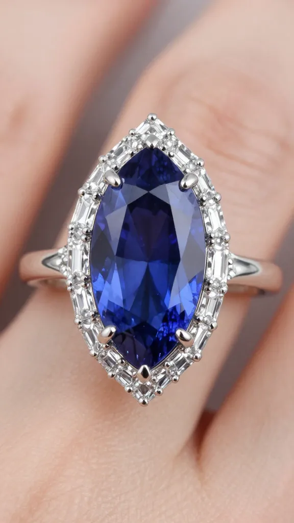 closeup marquise ring with sapphire baguette halo