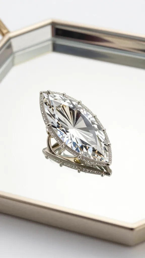 platinum marquise solitaire on mirrored Art Deco tray