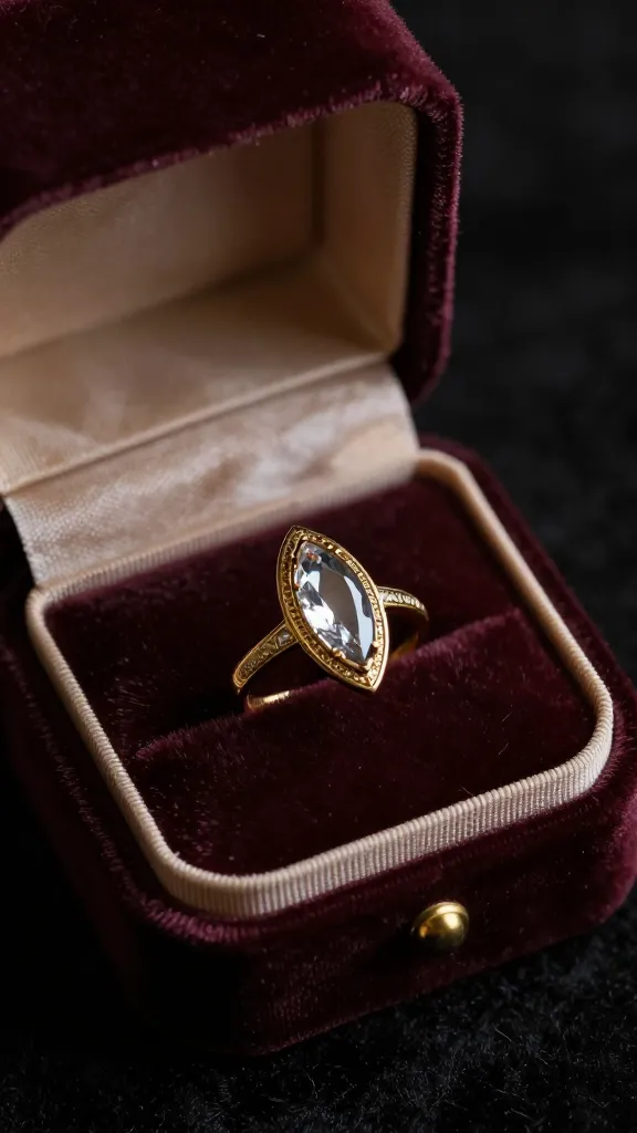 vintage marquise ring on velvet ring box, dramatic light
