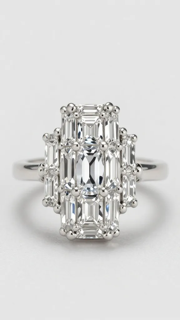marquise ring with stepped baguette sides, studio closeup