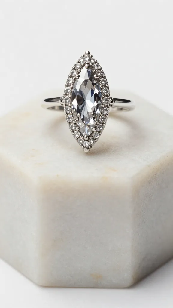 antique-style marquise halo ring on marble pedestal