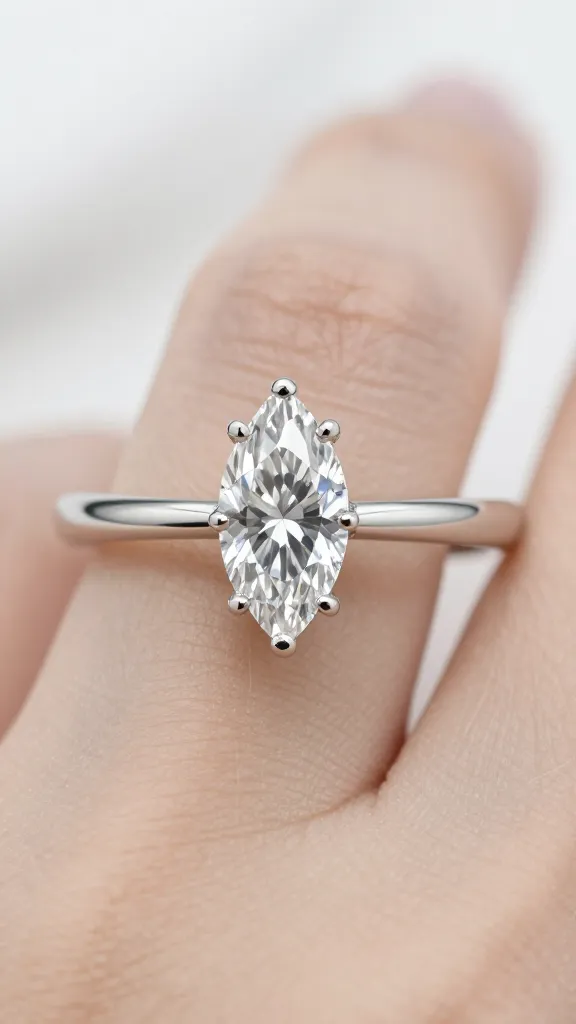 closeup marquise-cut diamond solitaire on slender platinum band