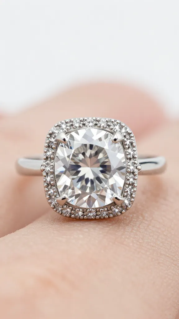cushion-cut halo engagement ring, vintage milgrain detail closeup