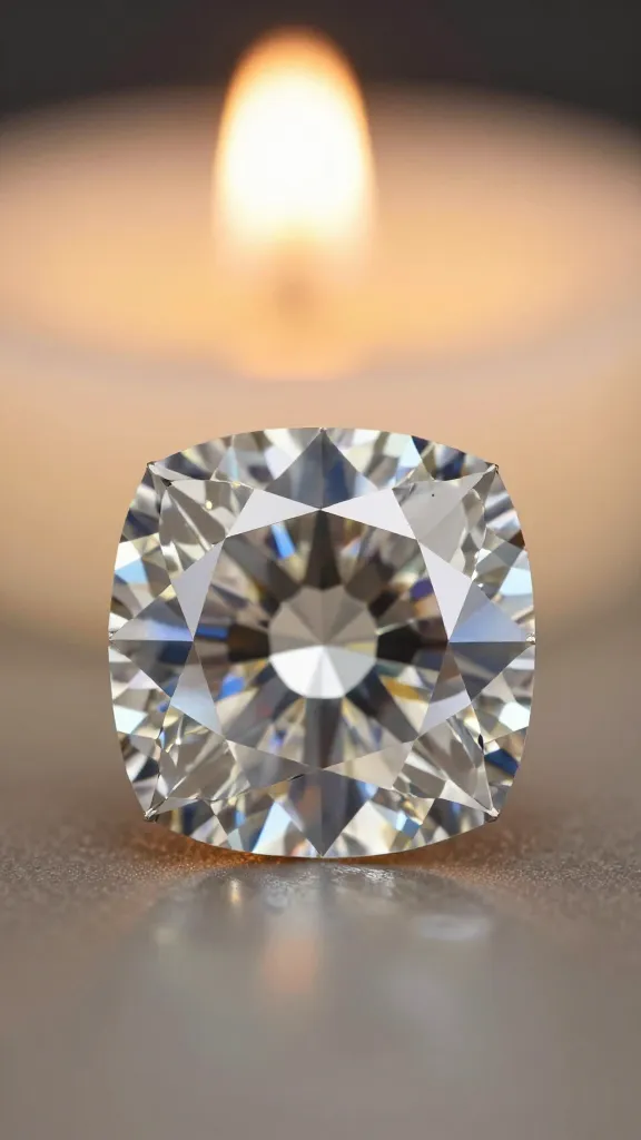 cushion-cut diamond with rounded corners, warm candlelight closeup
