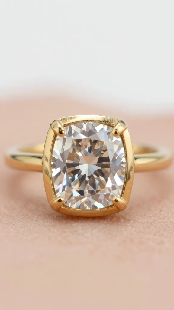 cushion-cut engagement ring in bezel setting, brushed gold closeup