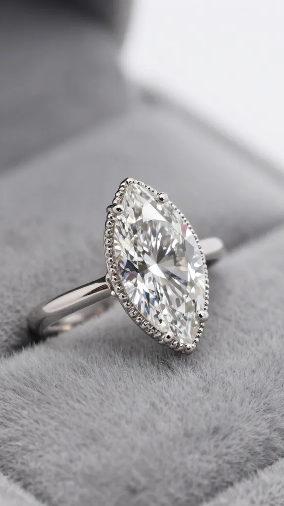 closeup marquise diamond ring with milgrain bezel on velvet