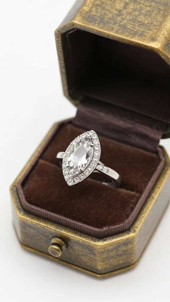 vintage-style marquise halo ring on antique brass ring box