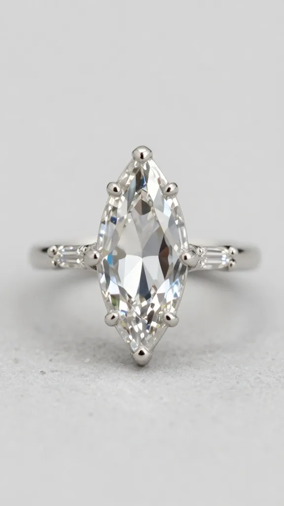 closeup marquise ring with tapered baguette shoulders, studio light