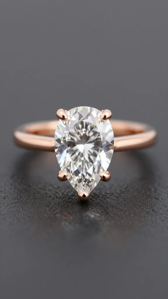 pear-shaped diamond solitaire on rose gold band, macro