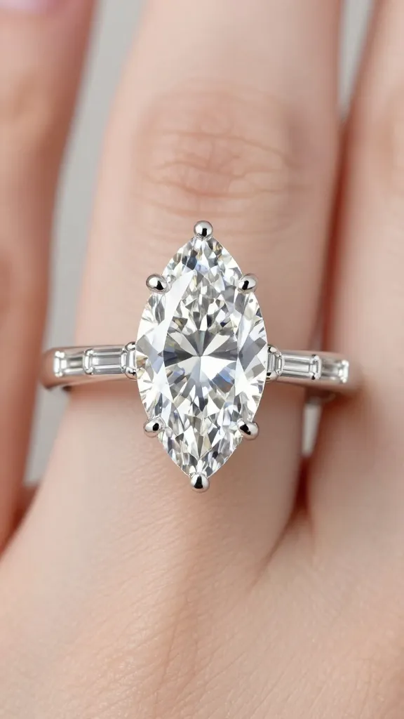 closeup marquise-cut diamond ring with stepped baguette shoulders