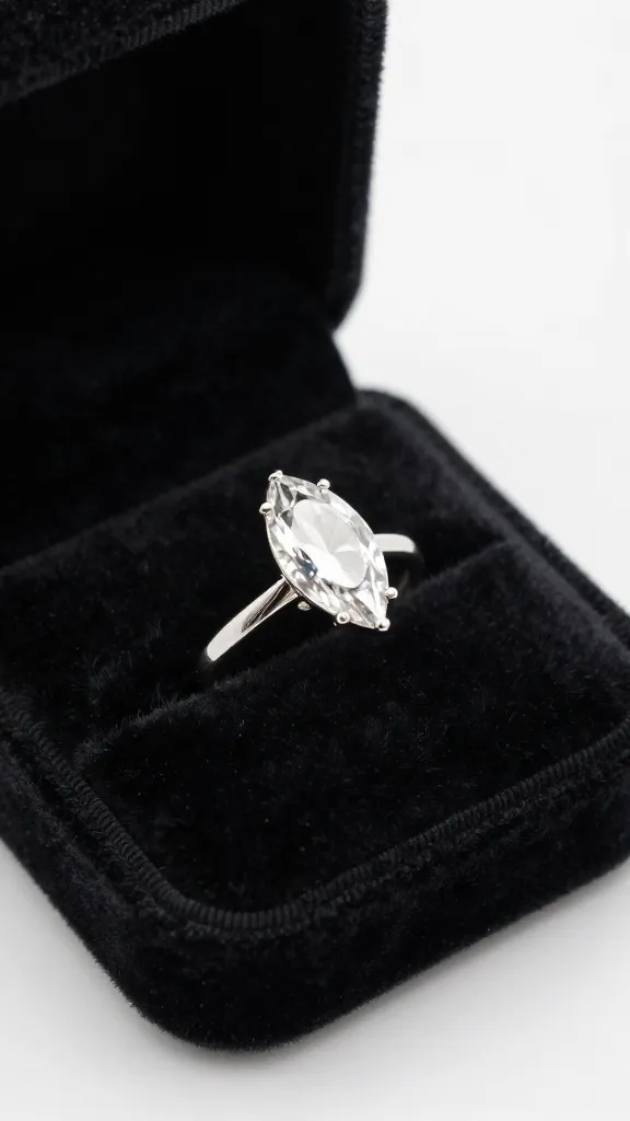 single vintage marquise engagement ring on black velvet
