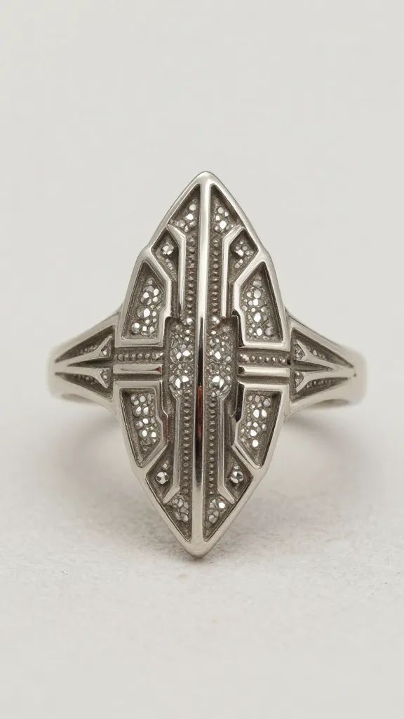 art deco marquise ring with geometric filigree, closeup