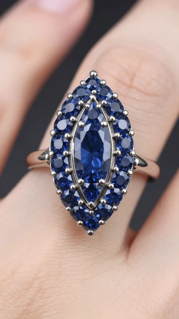 antique marquise ring with calibré sapphire accents, closeup