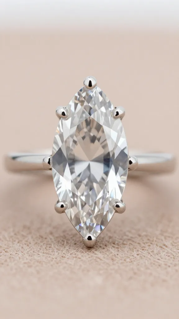 closeup marquise moissanite ring, cathedral setting, white gold