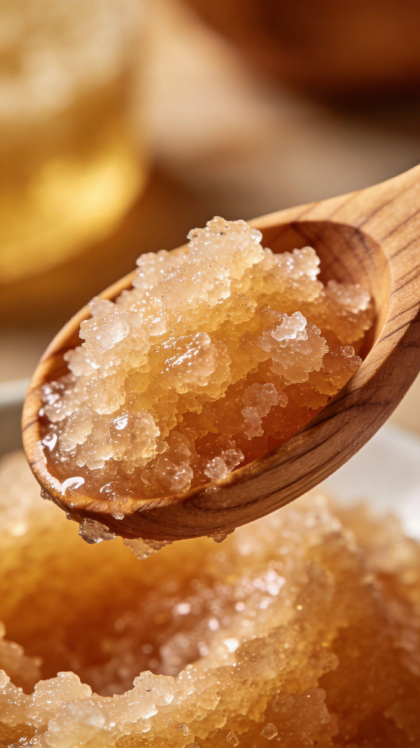 single wooden scoop of sugar body scrub, glossy texture