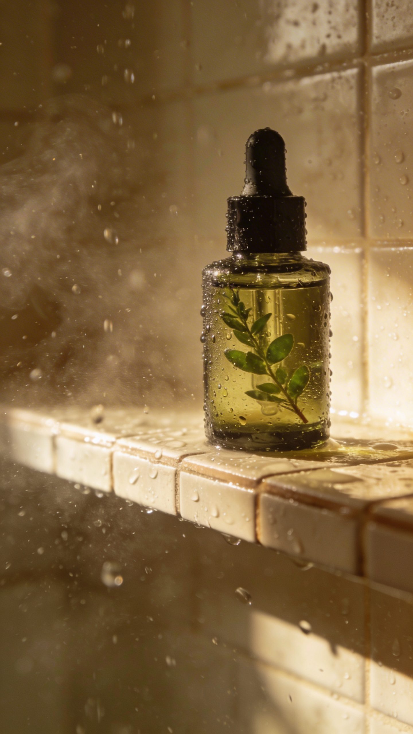 single eucalyptus oil dropper bottle with condensation in steam shower