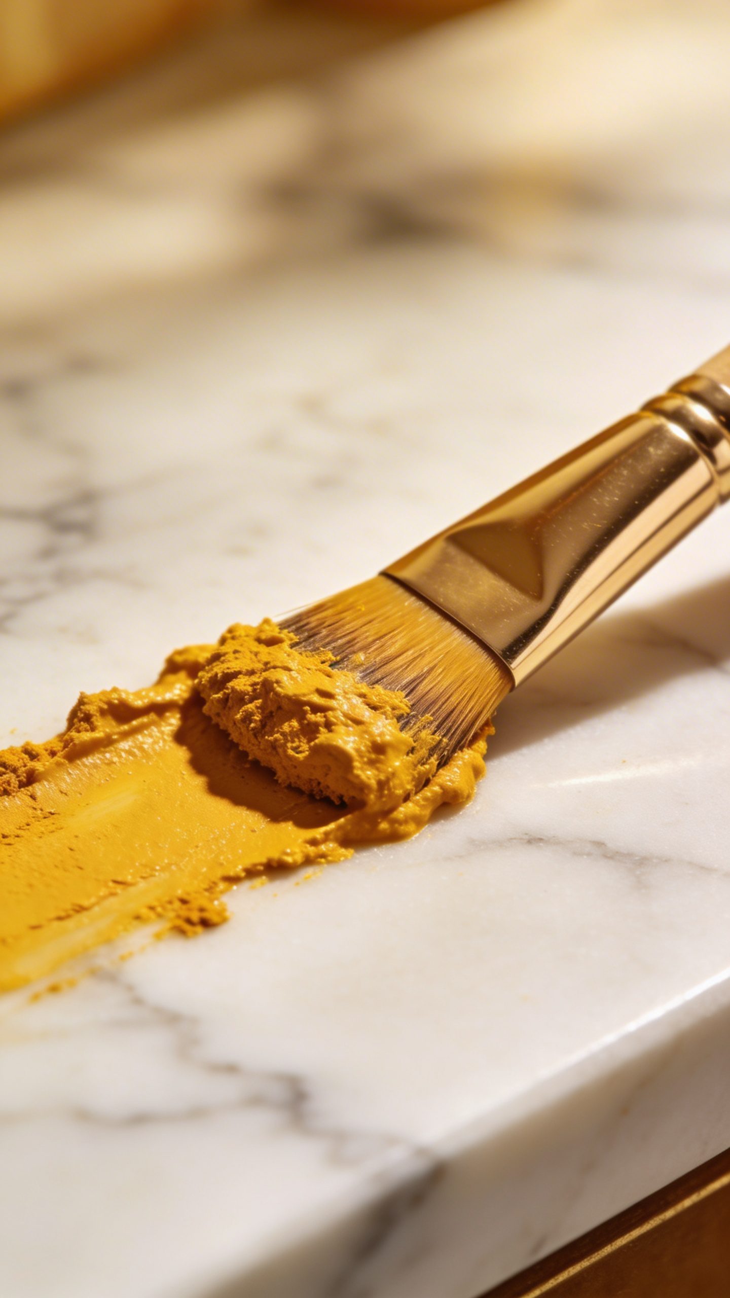 single makeup brush coated with turmeric mask on marble countertop