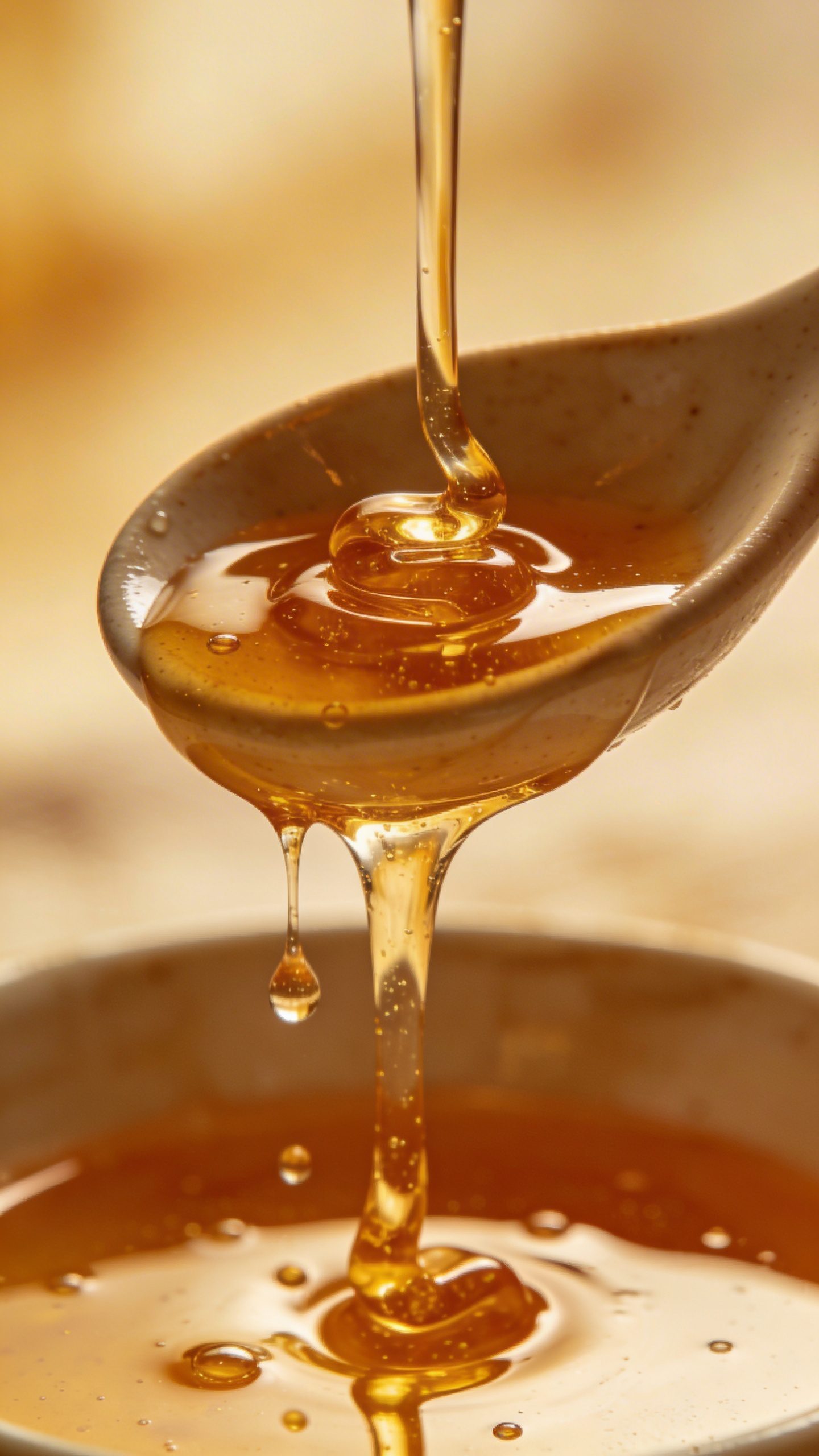 closeup of honey drizzle on a single ceramic spoon