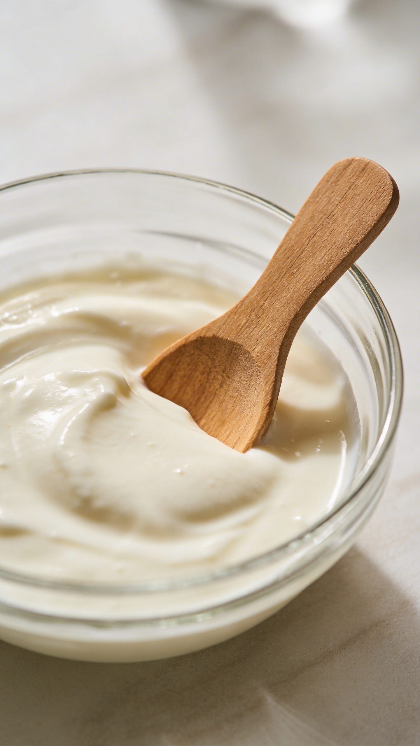 single glass bowl of yogurt with wooden spatula closeup