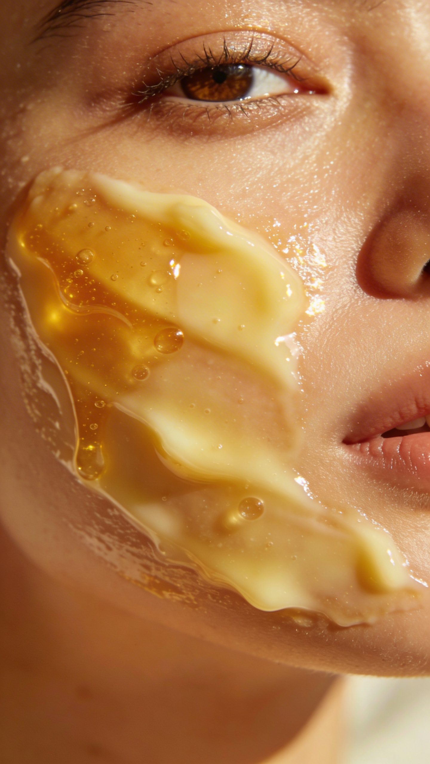 closeup of honey-yogurt face mask on cheek with glow