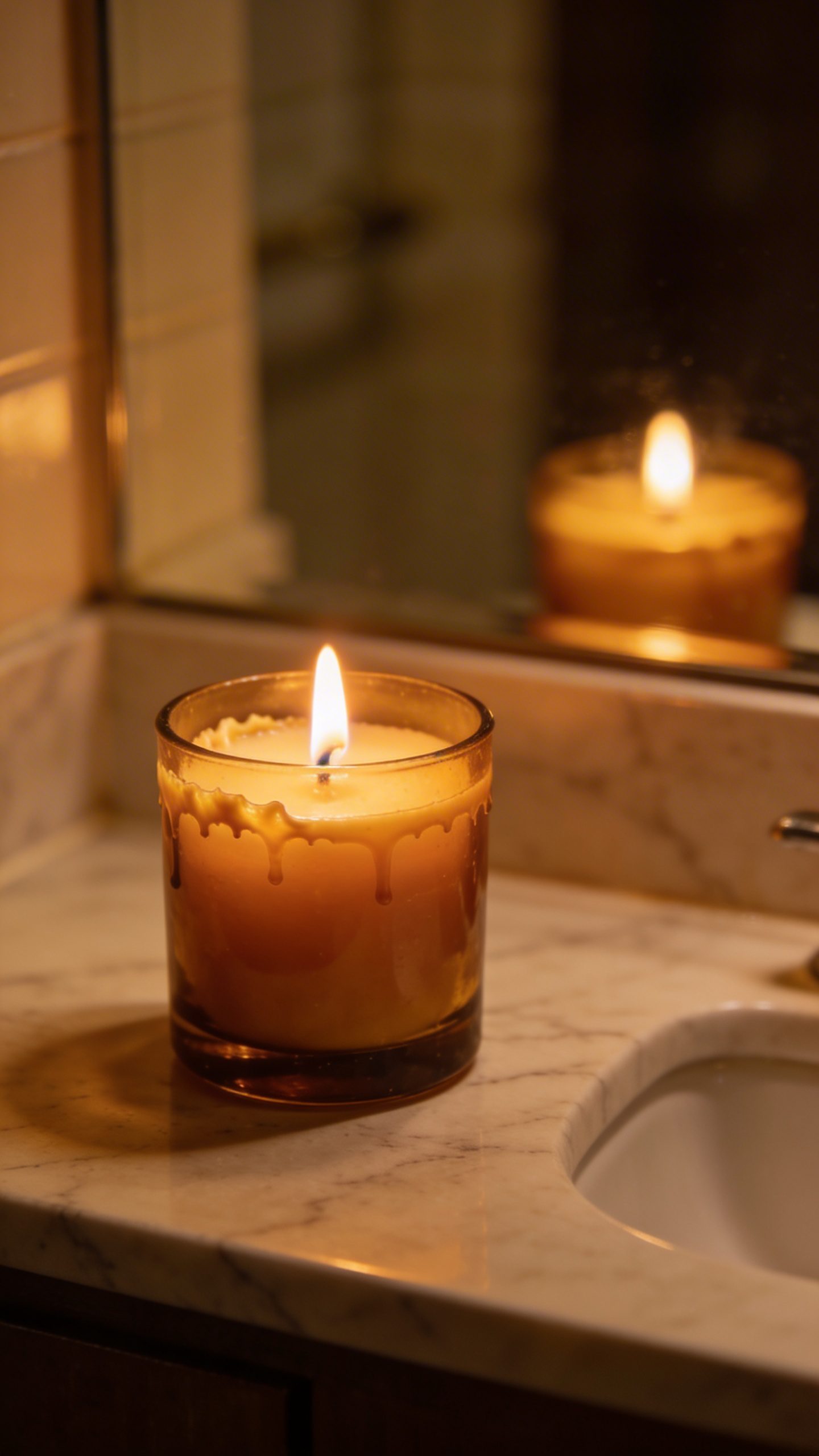 lit amber candle on bathroom counter, warm moody lighting