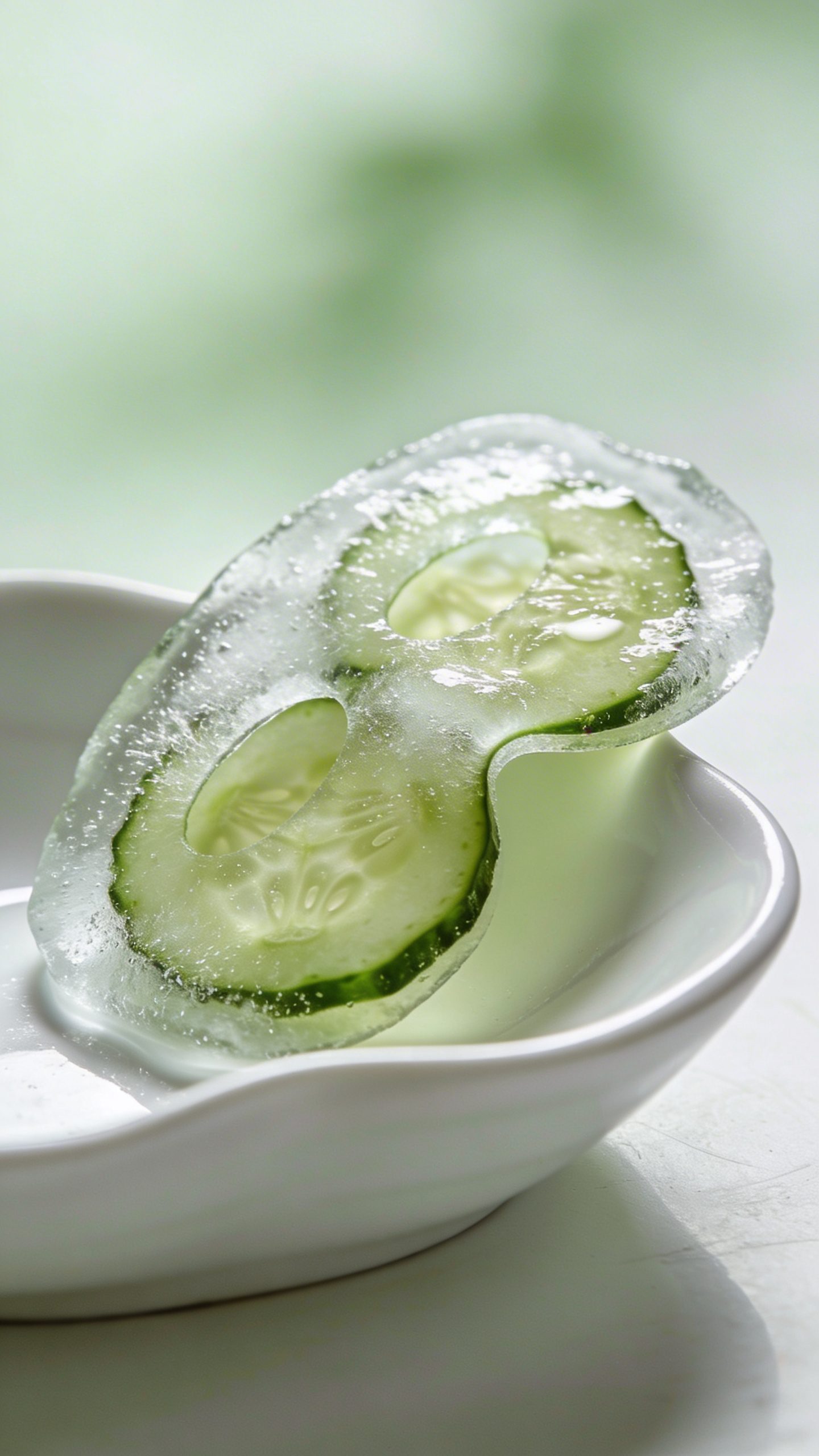closeup of chilled cucumber eye mask on white ceramic dish